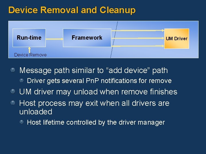 Device Removal and Cleanup Run-time Framework UM Driver Device Remove Message path similar to