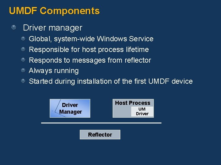 UMDF Components Driver manager Global, system-wide Windows Service Responsible for host process lifetime Responds