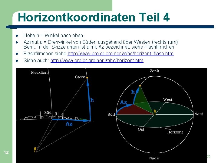 Horizontkoordinaten Teil 4 12 Höhe h = Winkel nach oben Azimut a = Drehwinkel