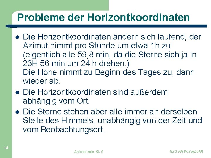 Probleme der Horizontkoordinaten 14 Die Horizontkoordinaten ändern sich laufend, der Azimut nimmt pro Stunde