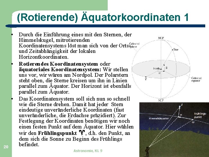 (Rotierende) Äquatorkoordinaten 1 20 • Durch die Einführung eines mit den Sternen, der Himmelskugel,