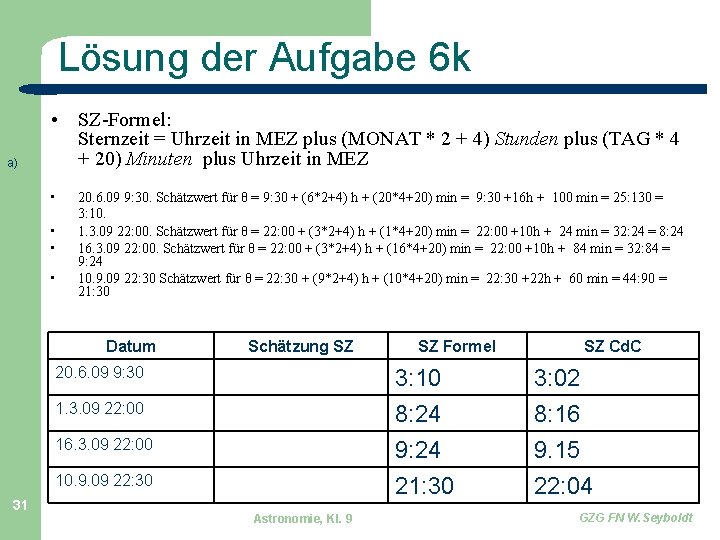 Lösung der Aufgabe 6 k a) • SZ-Formel: Sternzeit = Uhrzeit in MEZ plus