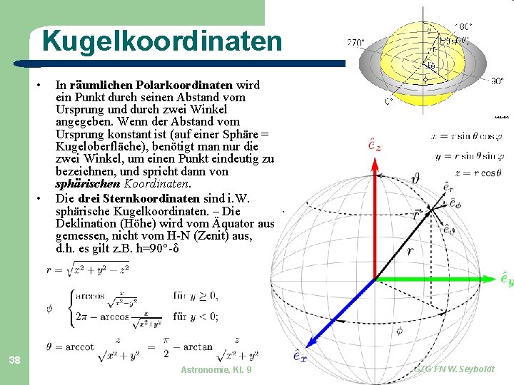 Kugelkoordinaten • • 38 In räumlichen Polarkoordinaten wird ein Punkt durch seinen Abstand vom