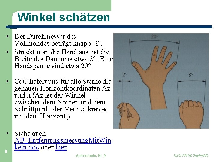 Winkel schätzen • Der Durchmesser des Vollmondes beträgt knapp ½°. • Streckt man die