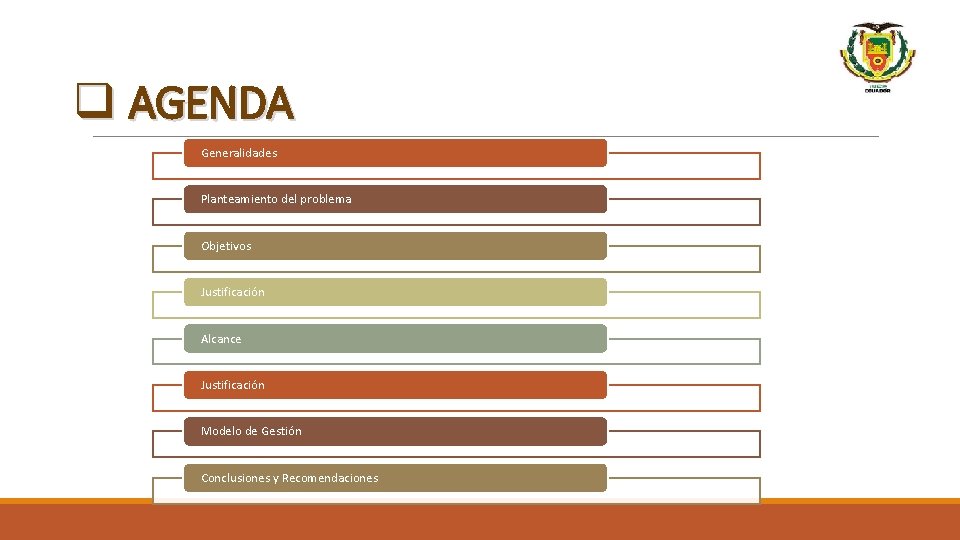 q AGENDA Generalidades Planteamiento del problema Objetivos Justificación Alcance Justificación Modelo de Gestión Conclusiones