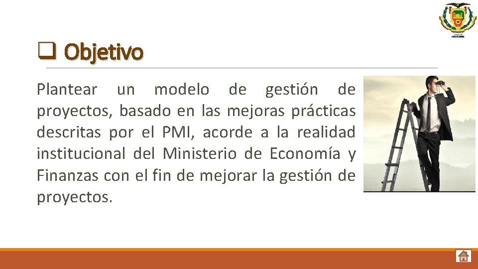 q Objetivo Plantear un modelo de gestión de proyectos, basado en las mejoras prácticas