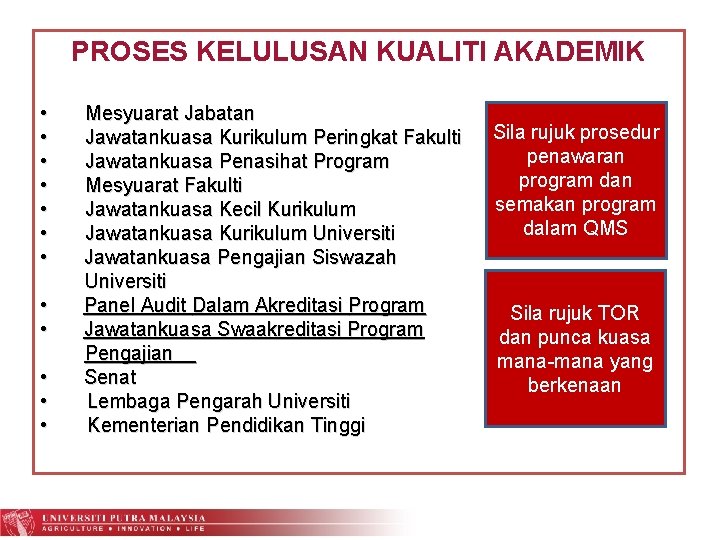 PROSES KELULUSAN KUALITI AKADEMIK • Mesyuarat Jabatan • Jawatankuasa Kurikulum Peringkat Fakulti • Jawatankuasa