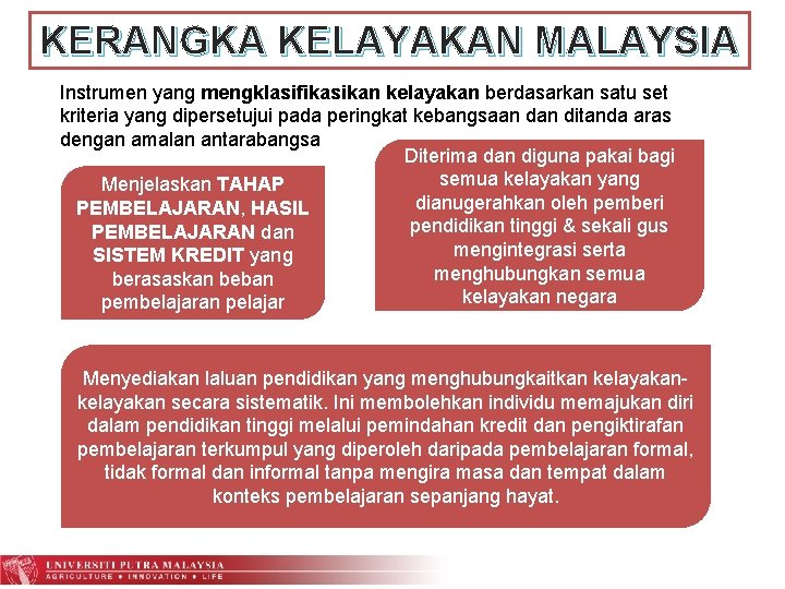 KERANGKA KELAYAKAN MALAYSIA Instrumen yang mengklasifikasikan kelayakan berdasarkan satu set kriteria yang dipersetujui pada