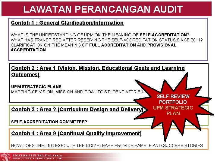 LAWATAN PERANCANGAN AUDIT Contoh 1 : General Clarification/Information WHAT IS THE UNDERSTANDING OF UPM