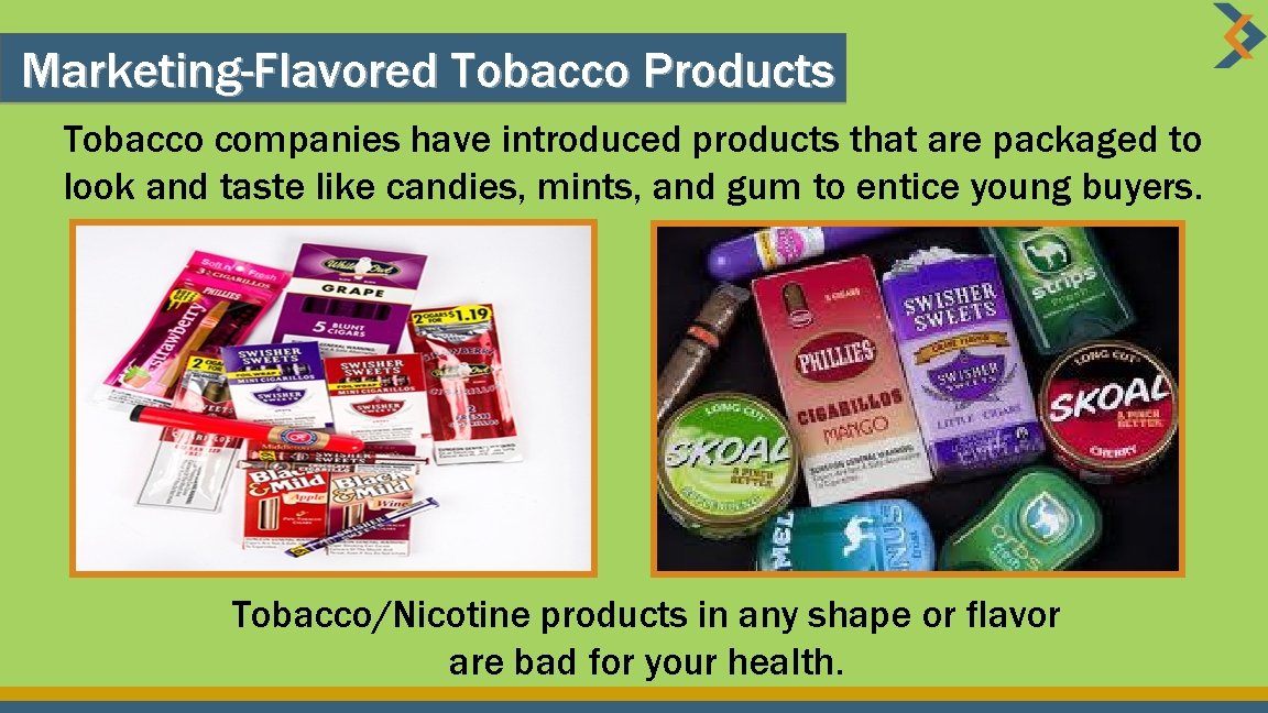 Marketing-Flavored Tobacco Products Tobacco companies have introduced products that are packaged to look and