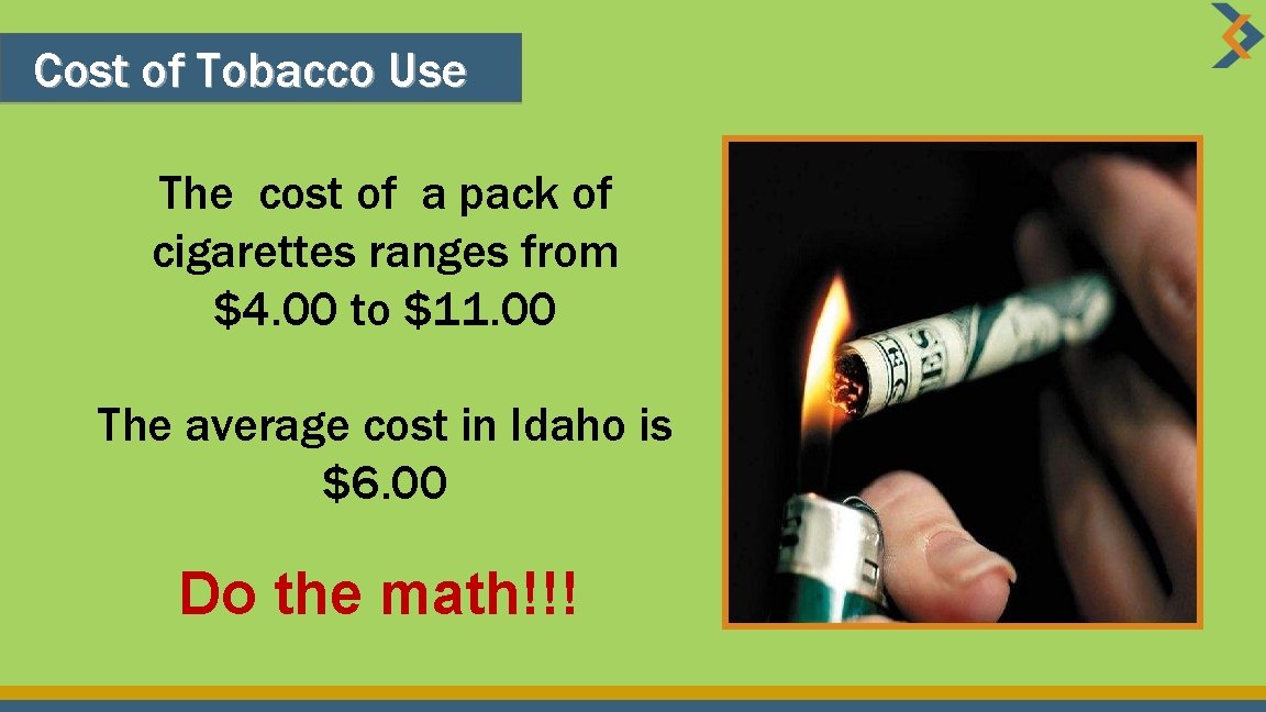 Cost of Tobacco Use The cost of a pack of cigarettes ranges from $4.