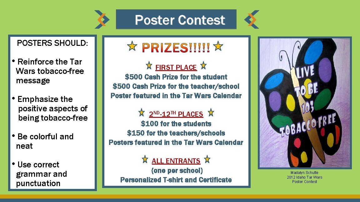 Poster Contest POSTERS SHOULD: • Reinforce the Tar Wars tobacco-free message • Emphasize the