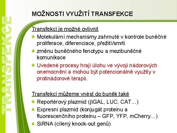 TRANSFEKCE MOŽNOSTI VYUŽITÍ TRANSFEKCE Transfekcí je možné ovlivnit Molekulární mechanismy zahrnuté v kontrole buněčné