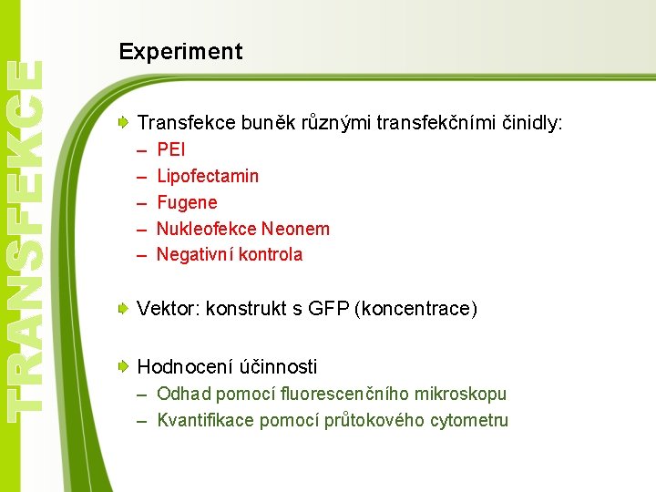 TRANSFEKCE Experiment Transfekce buněk různými transfekčními činidly: – – – PEI Lipofectamin Fugene Nukleofekce