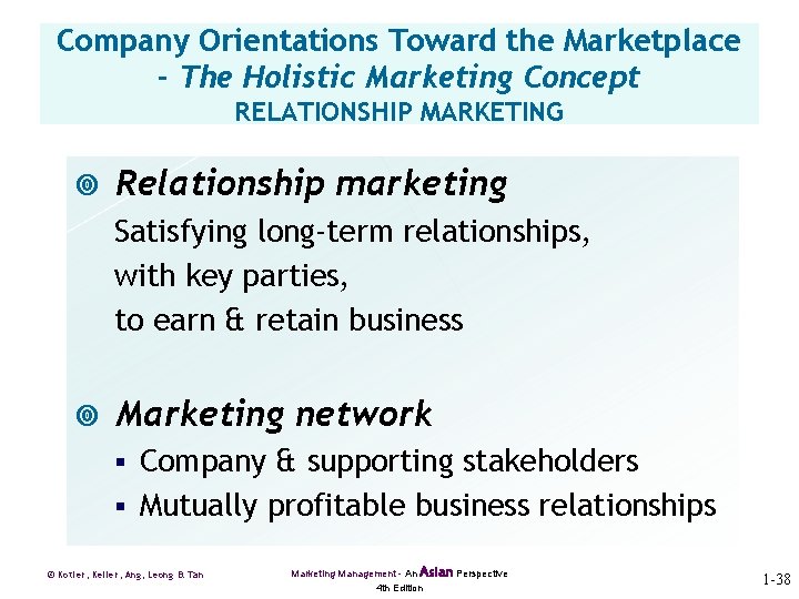 Company Orientations Toward the Marketplace - The Holistic Marketing Concept RELATIONSHIP MARKETING ¥ Relationship