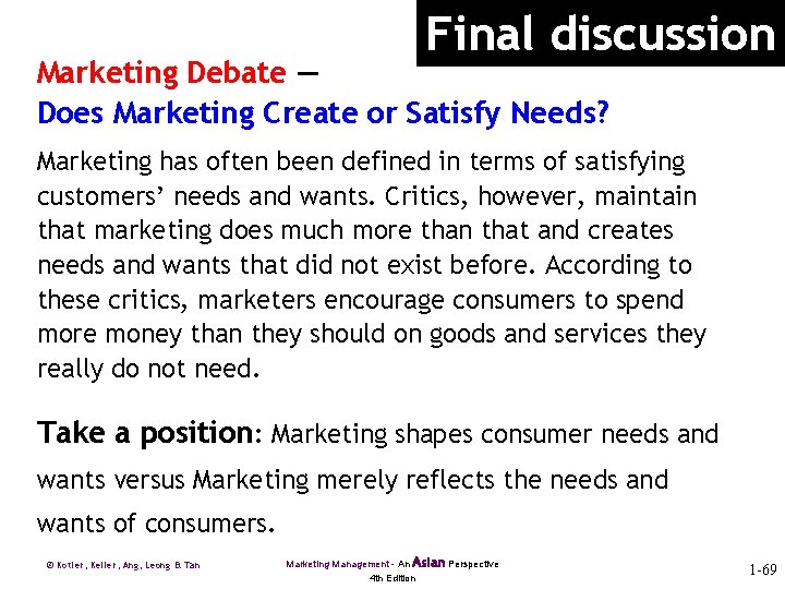 Final discussion Marketing Debate — Does Marketing Create or Satisfy Needs? Marketing has often