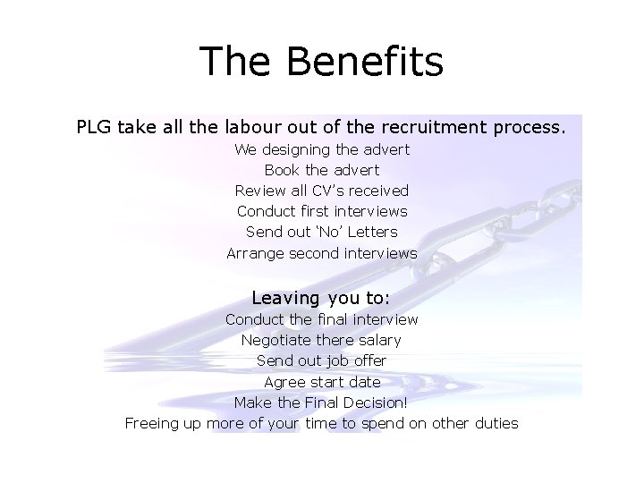 The Benefits PLG take all the labour out of the recruitment process. We designing