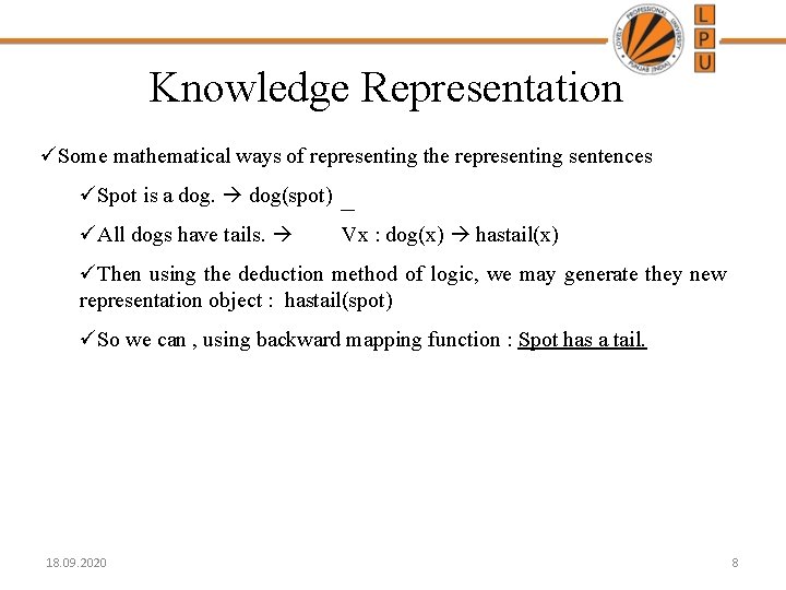 Knowledge Representation üSome mathematical ways of representing the representing sentences üSpot is a dog(spot)