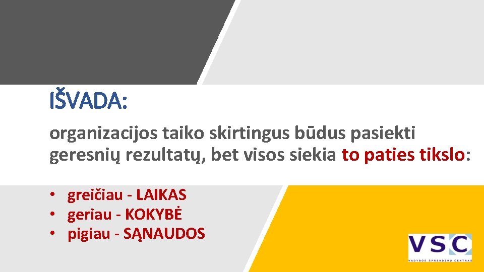 IŠVADA: organizacijos taiko skirtingus būdus pasiekti geresnių rezultatų, bet visos siekia to paties tikslo: