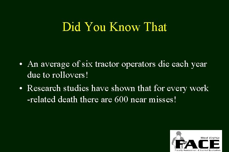 Did You Know That • An average of six tractor operators die each year