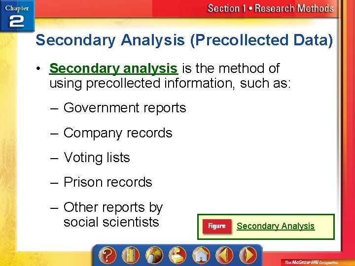 Secondary Analysis (Precollected Data) • Secondary analysis is the method of using precollected information,