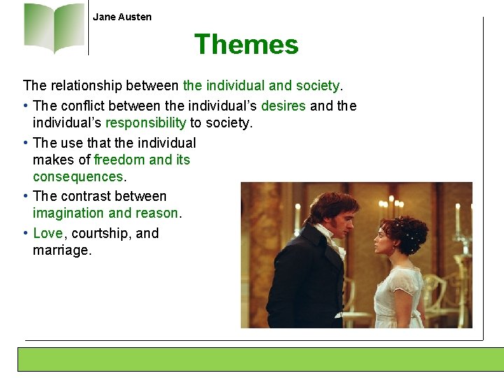 Jane Austen Themes The relationship between the individual and society. • The conflict between