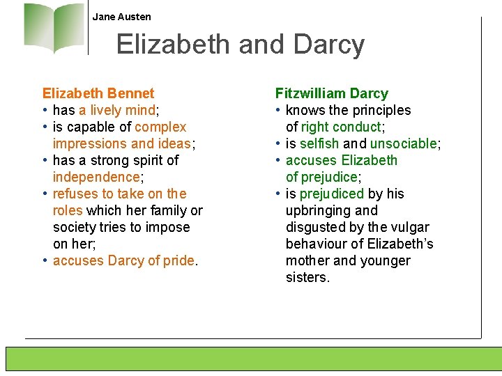 Jane Austen Elizabeth and Darcy Elizabeth Bennet • has a lively mind; • is