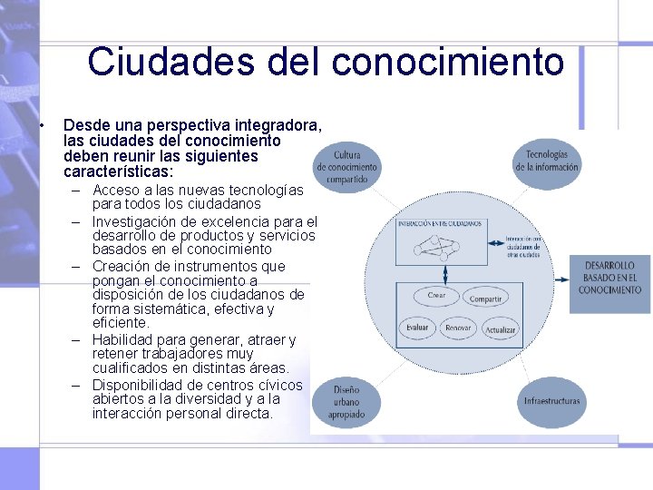 Ciudades del conocimiento • Desde una perspectiva integradora, las ciudades del conocimiento deben reunir