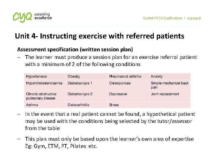 Unit 4 - Instructing exercise with referred patients Assessment specification (written session plan) The