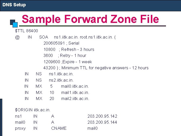 DNS Setup Sample Forward Zone File $TTL 86400 @ IN SOA ns 1. iitk.