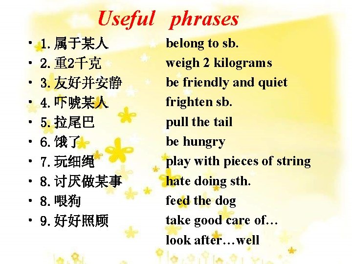 Useful phrases • • • 1. 属于某人 2. 重2千克 3. 友好并安静 4. 吓唬某人 5.