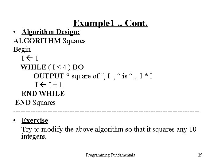 Example 1. . Cont. • Algorithm Design: ALGORITHM Squares Begin I 1 WHILE ( Example 1. . Cont. • Algorithm Design: ALGORITHM Squares Begin I 1 WHILE (