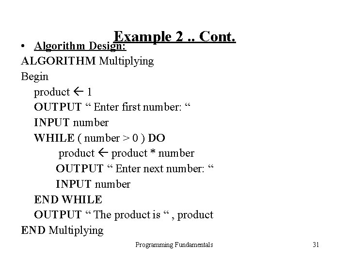 Example 2. . Cont. • Algorithm Design: ALGORITHM Multiplying Begin product 1 OUTPUT “ Example 2. . Cont. • Algorithm Design: ALGORITHM Multiplying Begin product 1 OUTPUT “