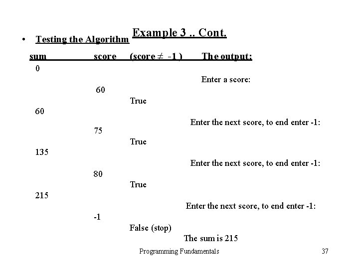 • Testing the Algorithm sum score Example 3. . Cont. (score ≠ -1 • Testing the Algorithm sum score Example 3. . Cont. (score ≠ -1