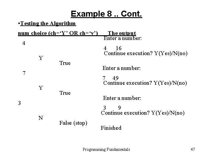 Example 8. . Cont. • Testing the Algorithm num choice (ch=‘Y’ OR ch=‘y’) 4 Example 8. . Cont. • Testing the Algorithm num choice (ch=‘Y’ OR ch=‘y’) 4