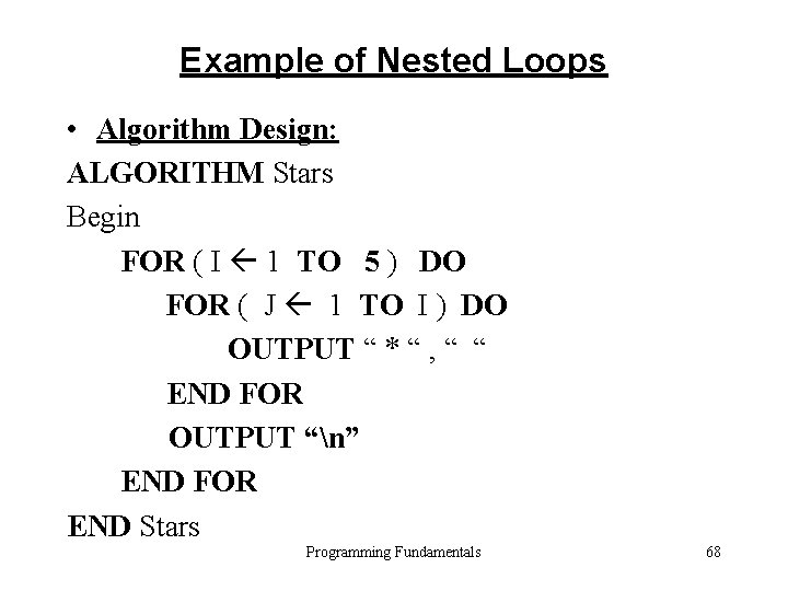 Example of Nested Loops • Algorithm Design: ALGORITHM Stars Begin FOR ( I 1 Example of Nested Loops • Algorithm Design: ALGORITHM Stars Begin FOR ( I 1