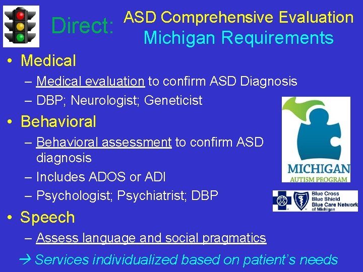 Direct: ASD Comprehensive Evaluation Michigan Requirements • Medical – Medical evaluation to confirm ASD