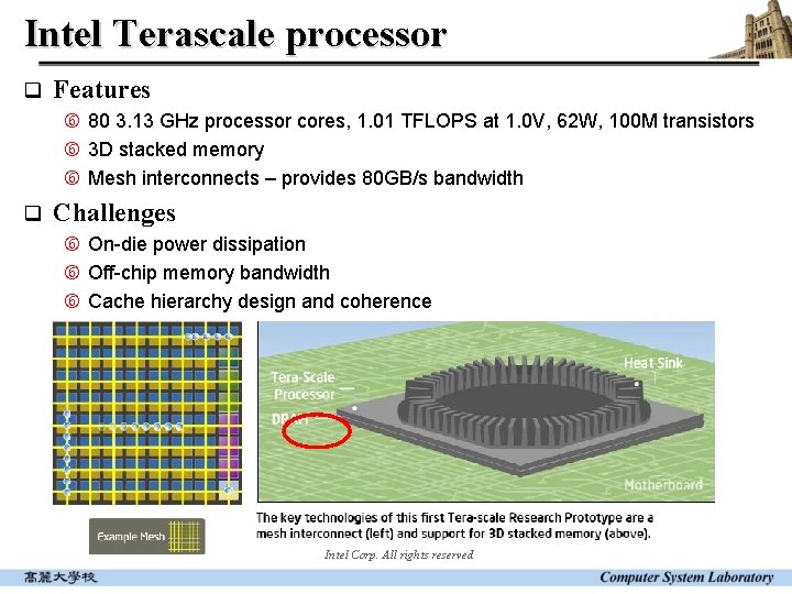 Intel Terascale processor q Features 80 3. 13 GHz processor cores, 1. 01 TFLOPS