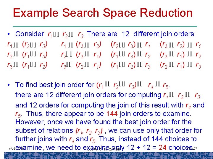 Example Search Space Reduction • Consider r 1 (r 2 r 3) r 2