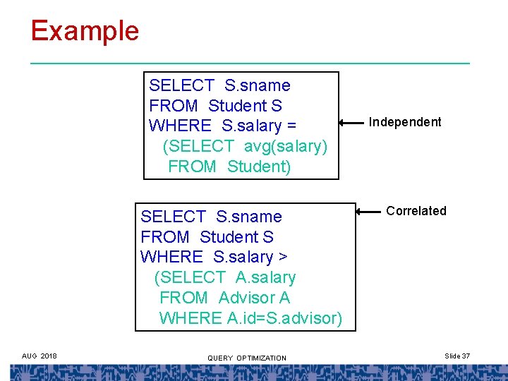 Example SELECT S. sname FROM Student S WHERE S. salary = (SELECT avg(salary) FROM