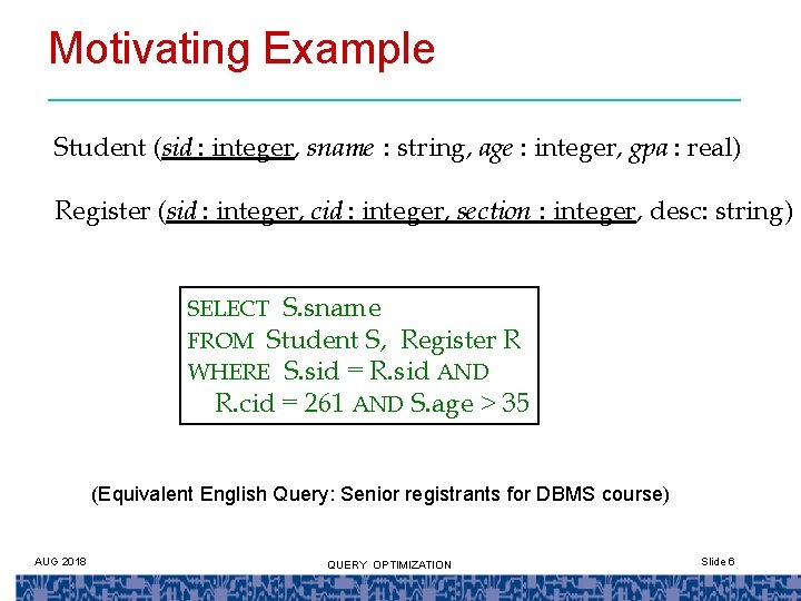 Motivating Example Student (sid : integer, sname : string, age : integer, gpa :