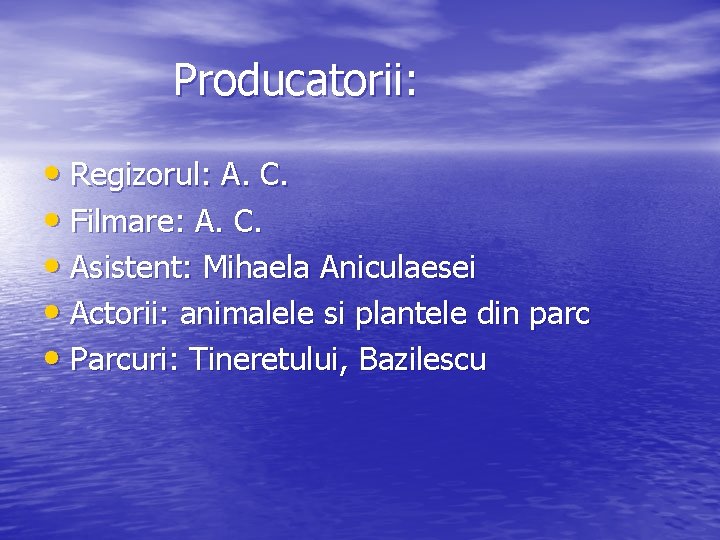 Producatorii: • Regizorul: A. C. • Filmare: A. C. • Asistent: Mihaela Aniculaesei •