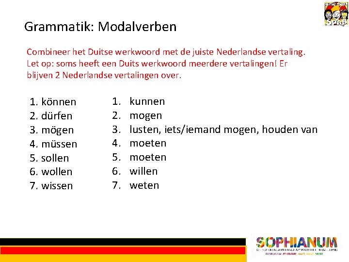 Grammatik: Modalverben Combineer het Duitse werkwoord met de juiste Nederlandse vertaling. Let op: soms