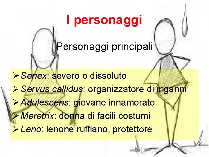 I personaggi Personaggi principali Ø Senex: severo o dissoluto Ø Servus callidus: organizzatore di