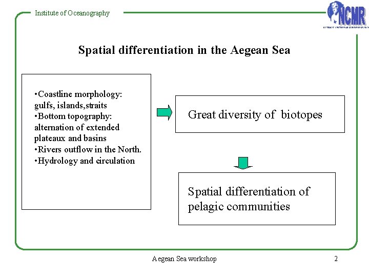 Institute of Oceanography NATIONAL CENTRE FOR MARINE RESEARCH Spatial differentiation in the Aegean Sea Institute of Oceanography NATIONAL CENTRE FOR MARINE RESEARCH Spatial differentiation in the Aegean Sea