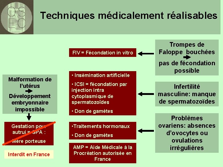 Techniques médicalement réalisables FIV = Fécondation in vitro Malformation de l’utérus Développement embryonnaire impossible