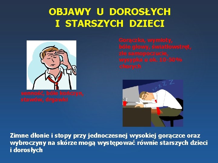 OBJAWY U DOROSŁYCH I STARSZYCH DZIECI Gorączka, wymioty, bóle głowy, światłowstręt, złe samopoczucie, wysypka