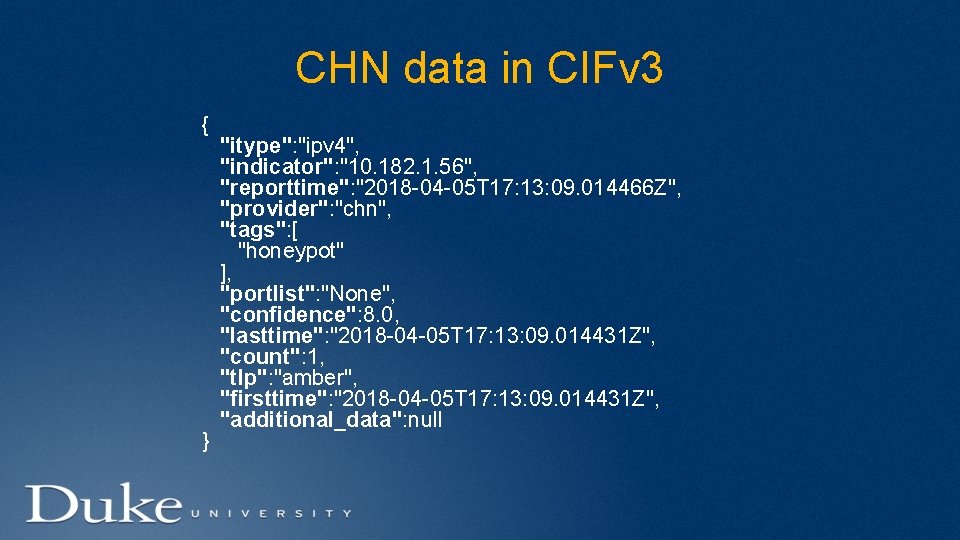 CHN data in CIFv 3 { "itype": "ipv 4", "indicator": "10. 182. 1. 56",