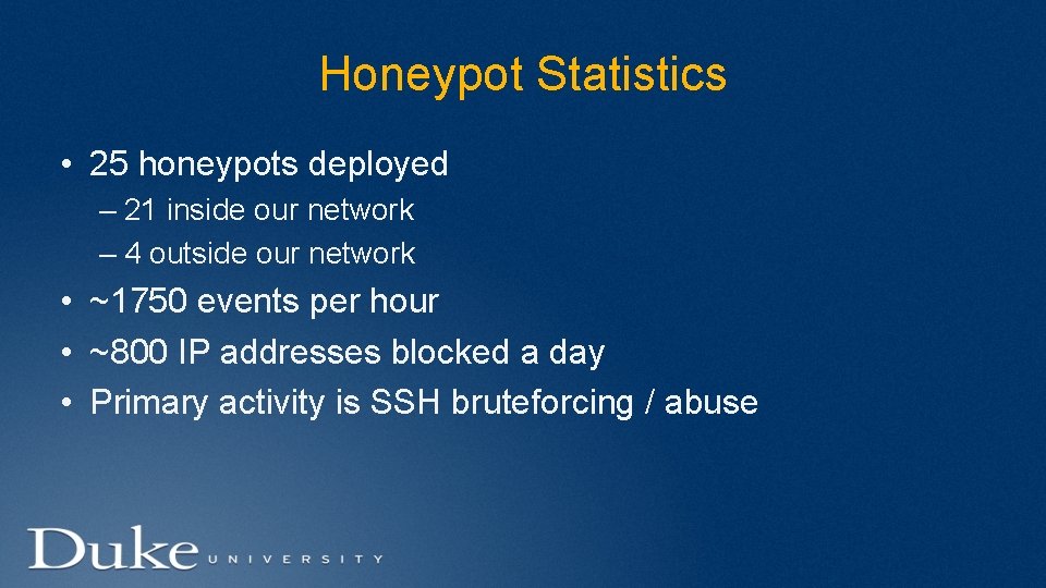 Honeypot Statistics • 25 honeypots deployed – 21 inside our network – 4 outside
