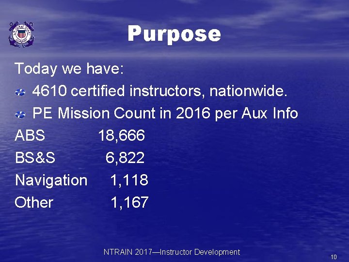 Purpose Today we have: 4610 certified instructors, nationwide. PE Mission Count in 2016 per